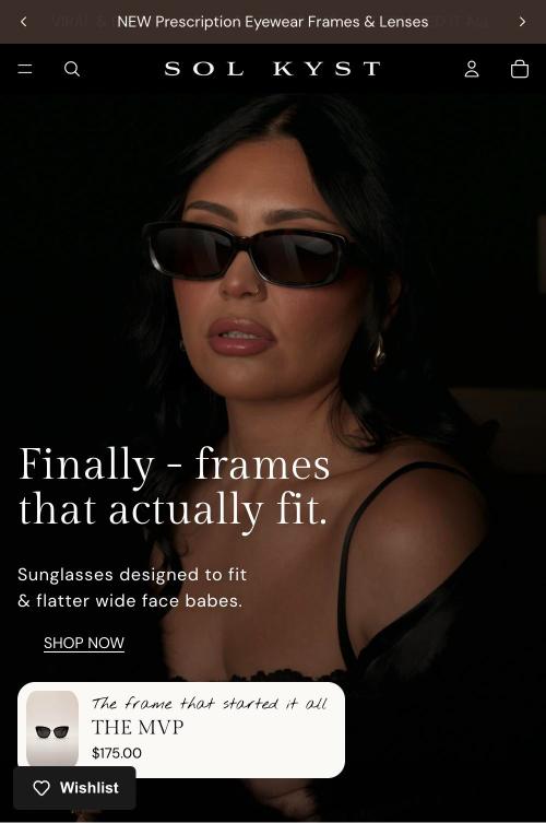 The Sol Kyst homepage: a woman in dark sunglasses, and the line Finally, frames that actually fit